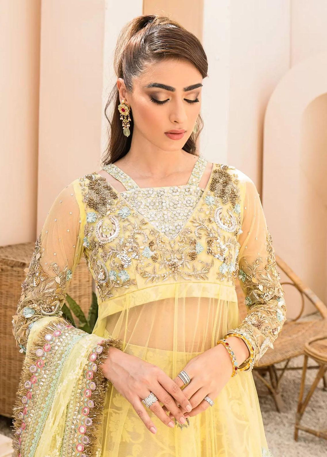Hues Atelier Pret Embroidered Net 3 Piece Suit HA23LF Hennah