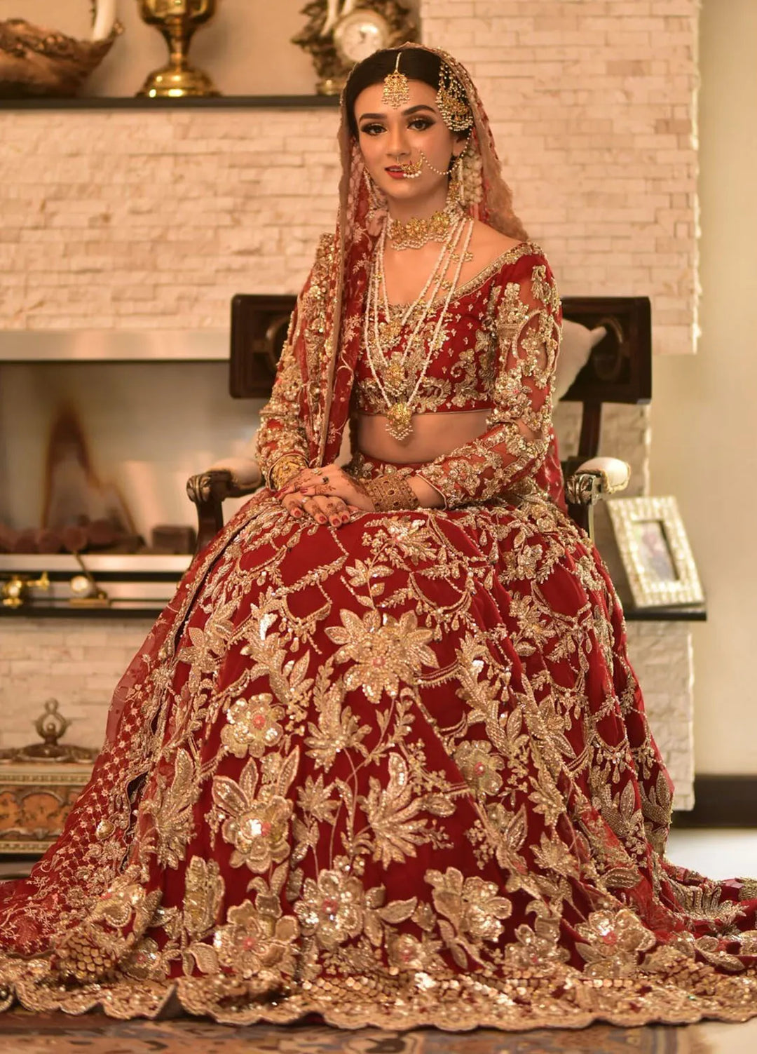 Embroidered Net 3 Piece Suit Red Lehenga Choli