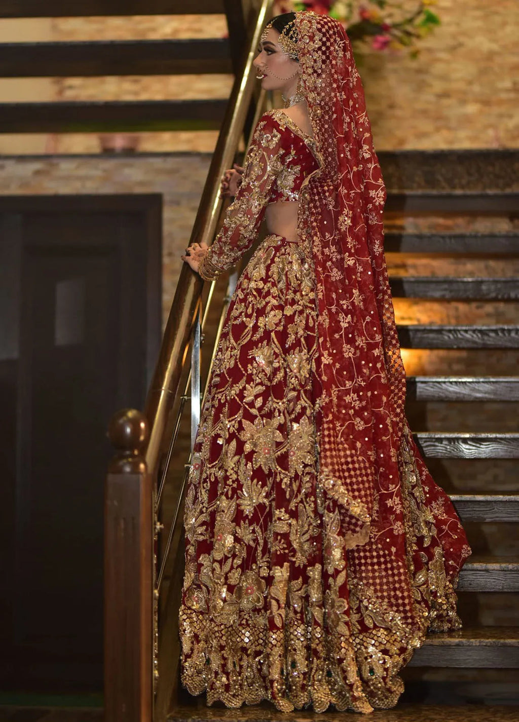 Embroidered Net 3 Piece Suit Red Lehenga Choli