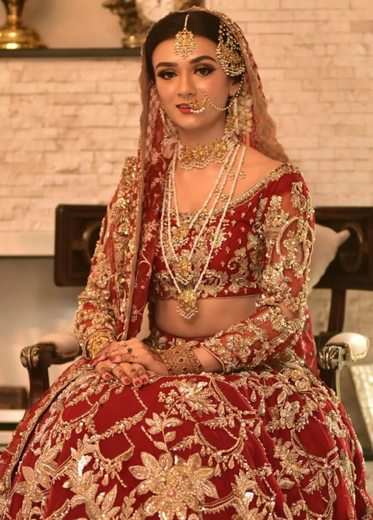 Embroidered Net 3 Piece Suit Red Lehenga Choli