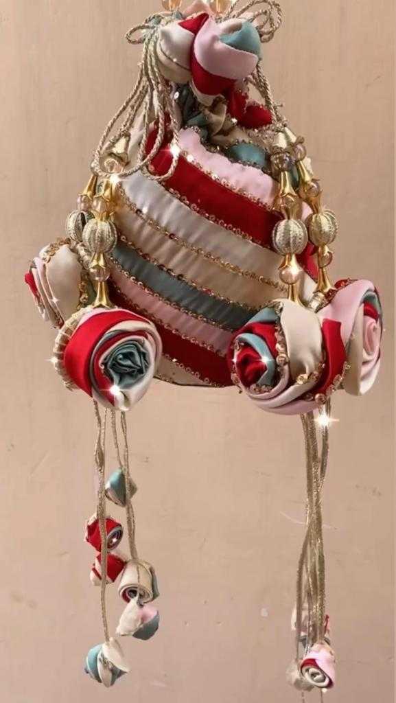 Crimson Rosettes – Handcrafted Silk Potli with Rosette & Bead Accents