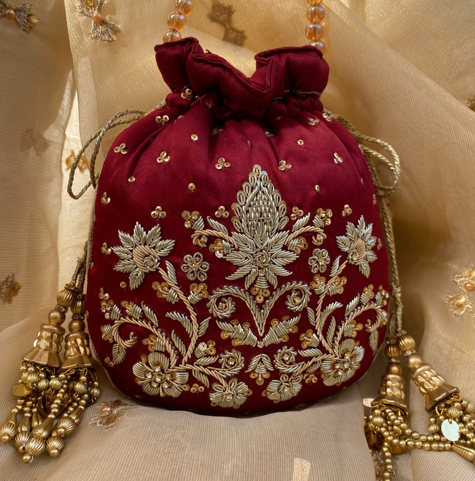 Noor Jehan Batwa – Handcrafted Maroon Silk Potli with Kora & Dabka Embellishments