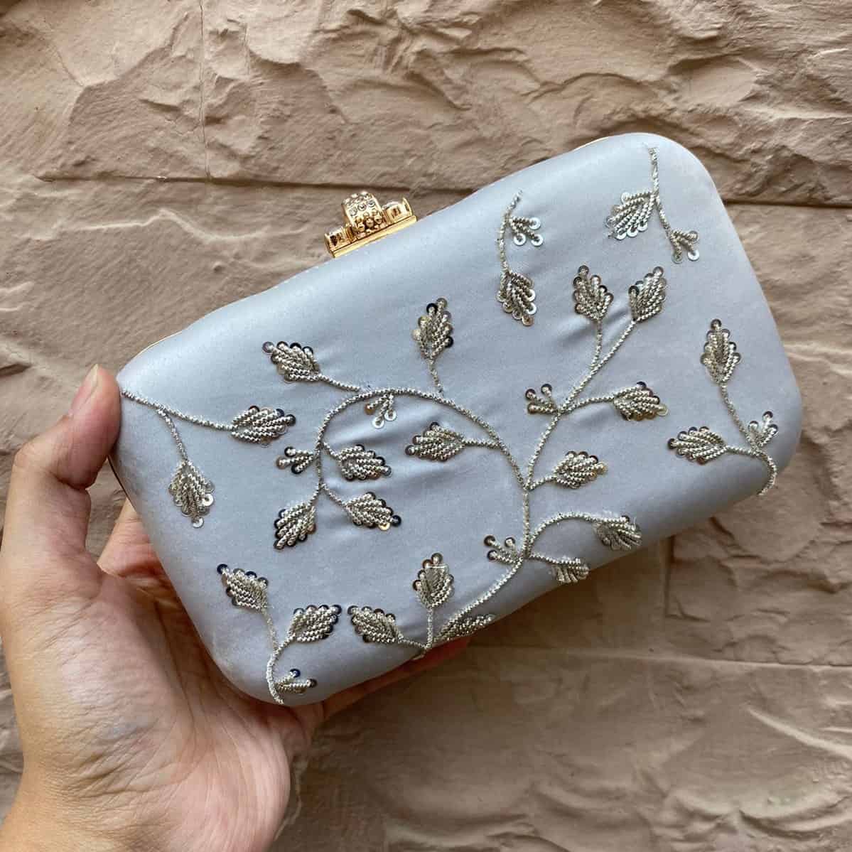 Afsana Clutch – Silver‑Grey Zardozi & Kora Embellished Silk Clutch