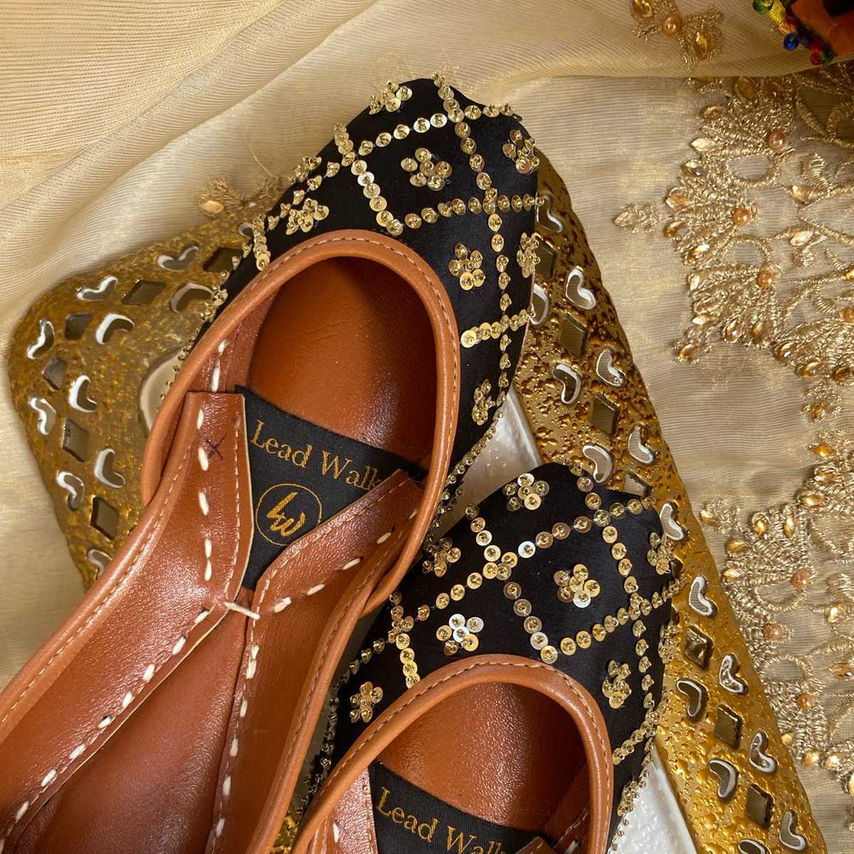 Nayab – Slate Black Silk Jutti with Golden Sequin Accents