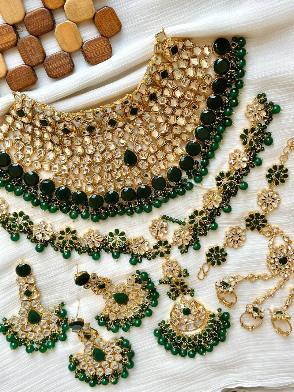 Gold Plated Hand Made Farshi Kundan Bridal Sets With Long Mathapati & Ring Bracelet