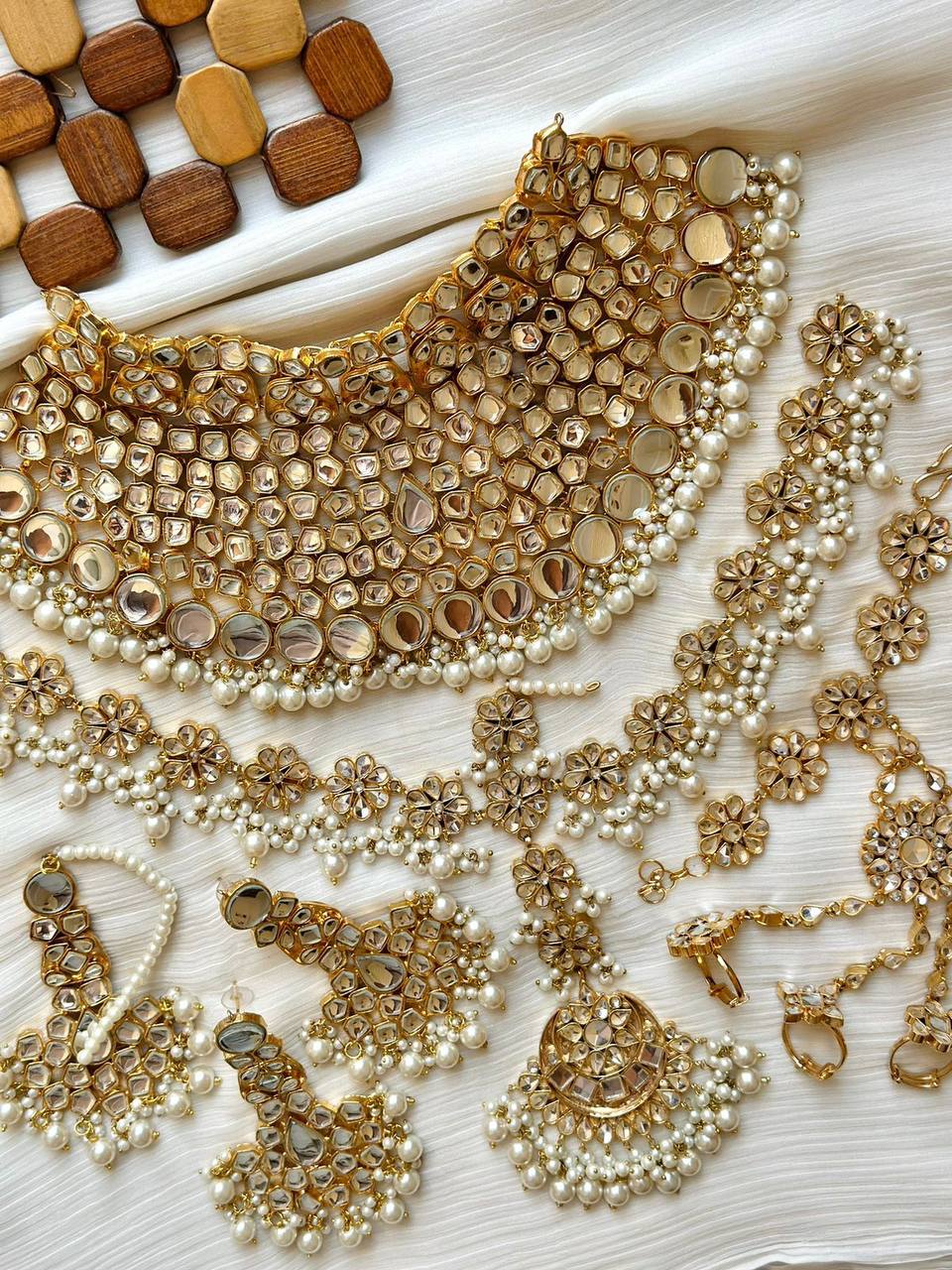 Gold Plated Hand Made Farshi Kundan Bridal Sets With Long Mathapati & Ring Bracelet
