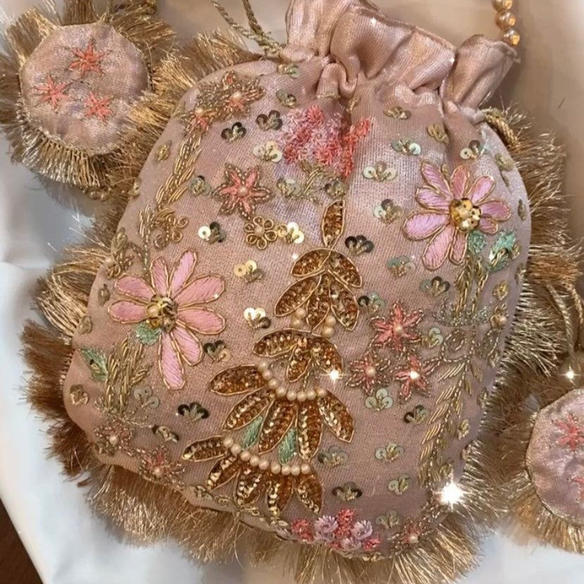 Tourmaline Batwa – Handcrafted Silk Potli with Zari Embroidery & Tassel Accents