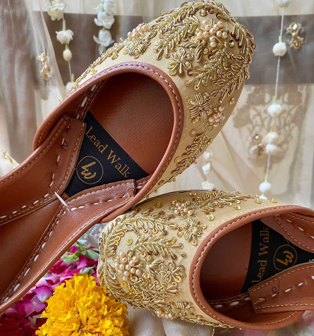 Mumtaz Juttis – Handcrafted Beige Banarsi Flats with Pearl & Sequin Embroidery