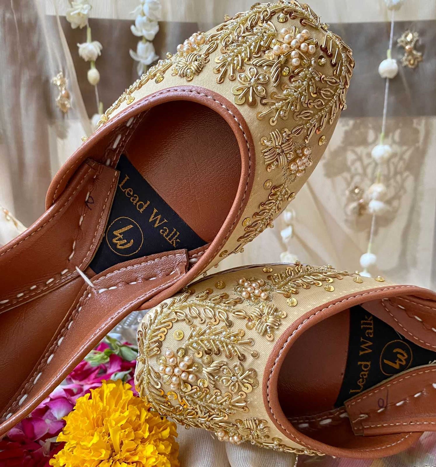 Mumtaz Juttis – Handcrafted Beige Banarsi Flats with Pearl & Sequin Embroidery