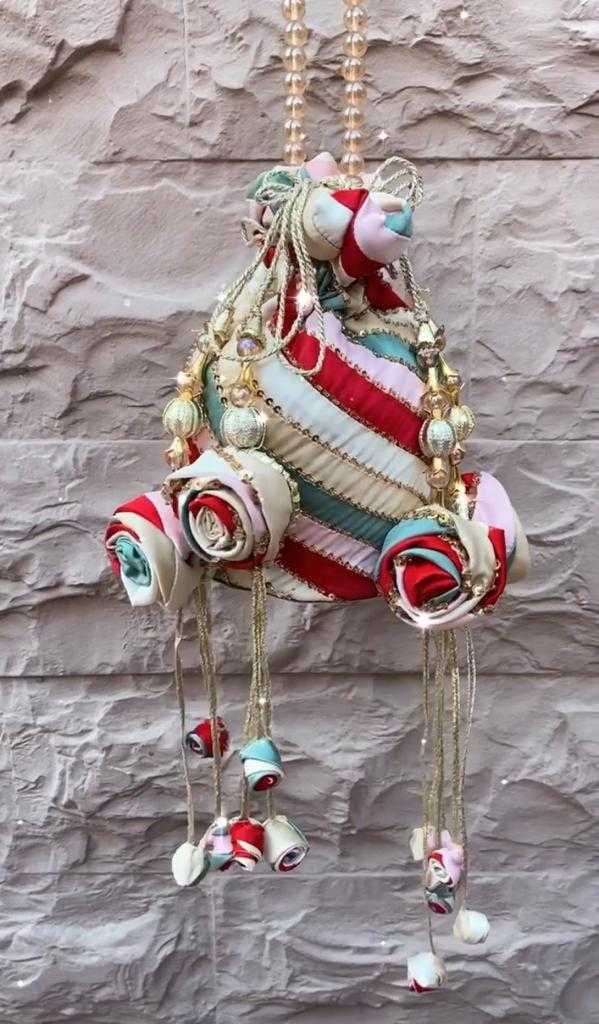 Crimson Rosettes – Handcrafted Silk Potli with Rosette & Bead Accents