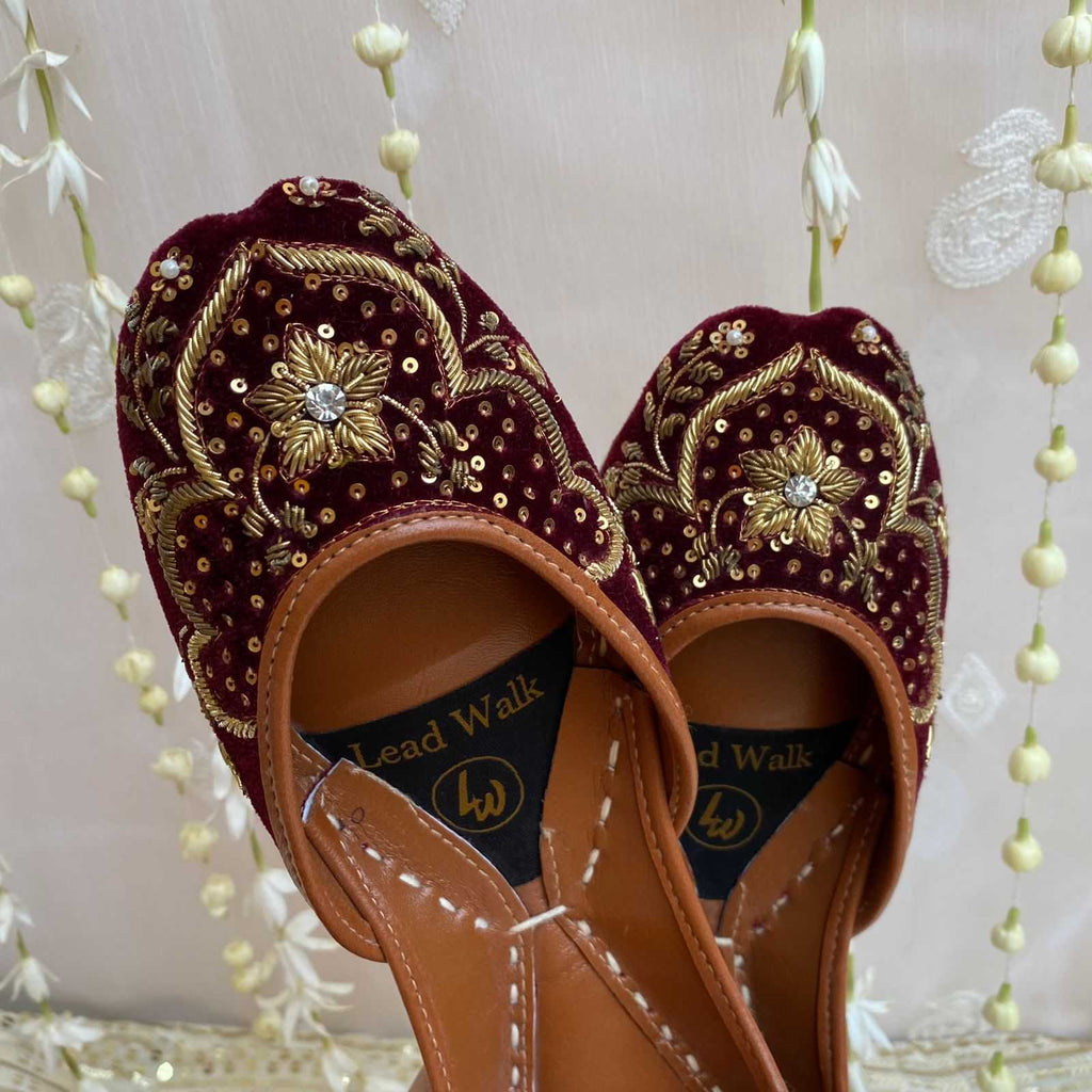 Shah Jehan – Velvet Bridal Jutti with Kora‑Dabka & Stone Embellishment