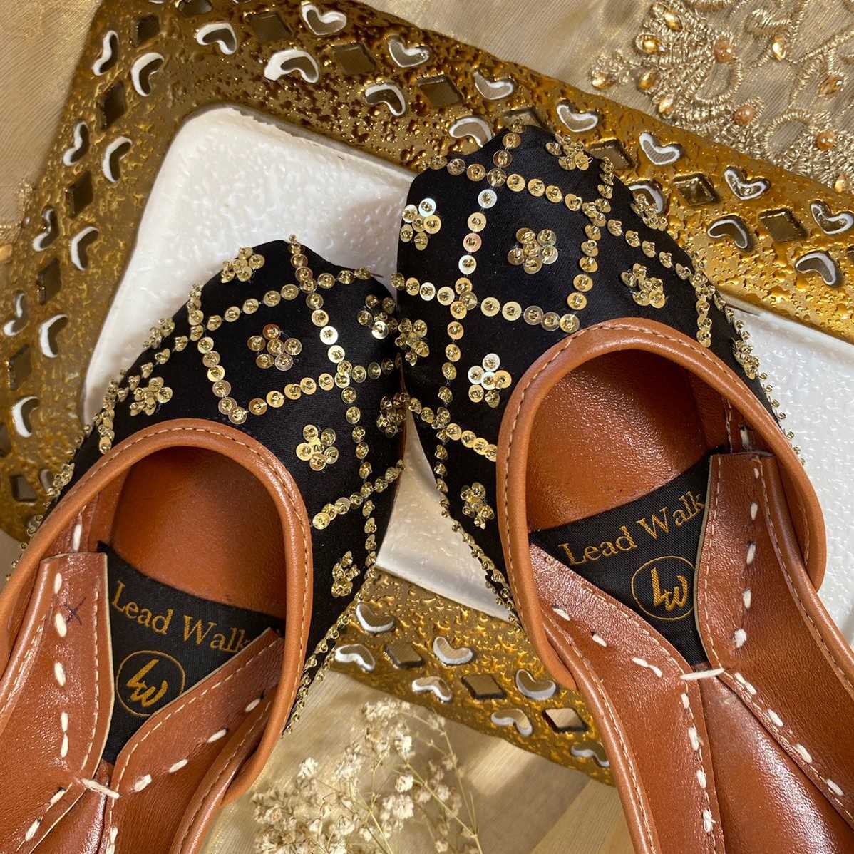 Nayab – Slate Black Silk Jutti with Golden Sequin Accents