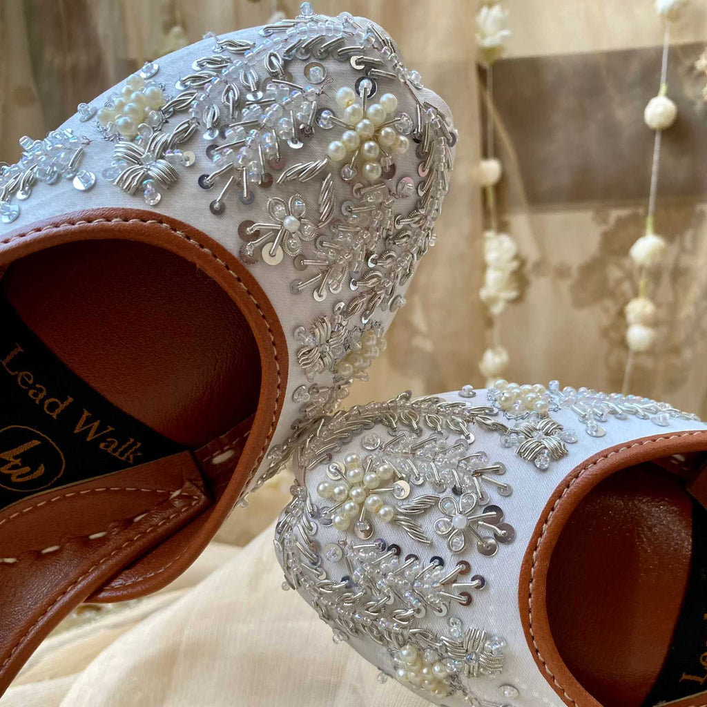 Mumtaz Juttis – Handcrafted Beige Banarsi Flats with Pearl & Sequin Embroidery