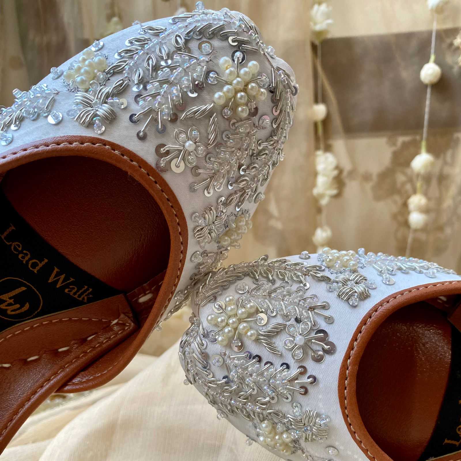 Mumtaz Juttis – Handcrafted Beige Banarsi Flats with Pearl & Sequin Embroidery